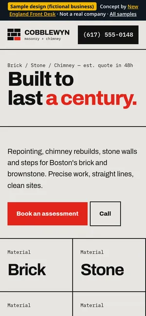 Mobile view of the Cobblewyn Masonry & Chimney sample homepage (fictional business)