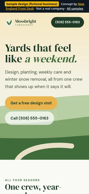 Mobile view of the Mossbright Landscapes sample homepage (fictional business)